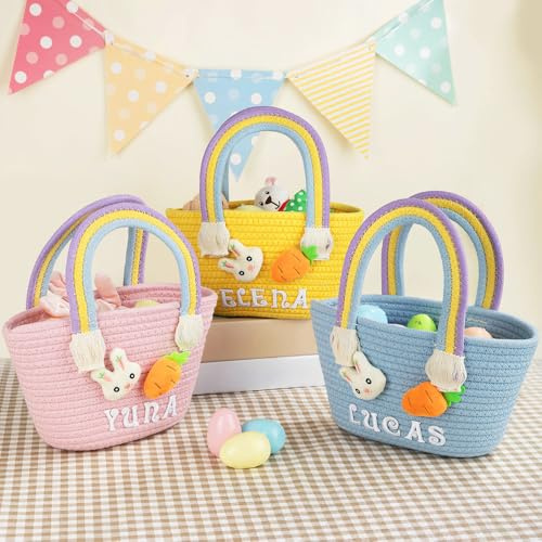 Cestino di cotone personalizzato per Pasqua con coniglietto e carota, nome personalizzato, coniglietto intrecciato, cestino vuoto, borsa rotonda per caramelle, caccia alle uova di Pasqua, per bambini