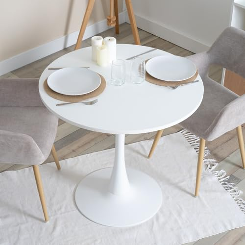 MEUBLE Cosy Runder Esstisch für 2-4 Personen Klein Tisch Küchentisch Esszimmertisch aus Trompetenförmigen Beine, 80x80x75cm, Weiß
