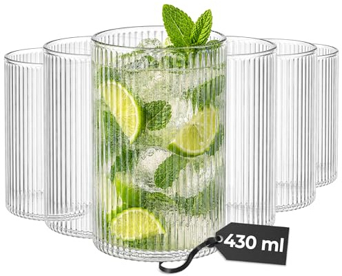 MIAMIO - Set de 6 vasos de agua de vidrio - Senita (430 ml) diario | Vasos de vidrio para agua, zumo, matcha y cócteles, set de 6 para el uso diario en casa - aptos para lavavajillas