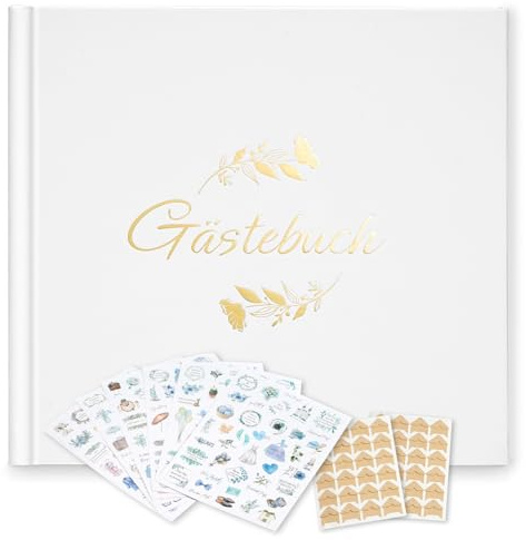 Gästebuch Hochzeit mit 2 Seiten Feststehenden Fotoaufklebern,Hochwertiges Hochzeitsbuch,Hardcover mit Goldprägung,Größe 21x23cm,Hochwertiges Gästebuch,120 Seiten Blanko,6 Seiten Hochzeitssticker,Weiß