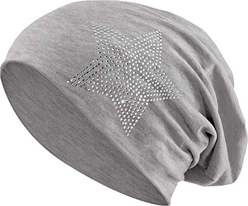 Balinco Strass Stern Steine Jersey Baumwolle elastisches Long Slouch Beanie Unisex Damen Mütze Heather Wintermütze (2)