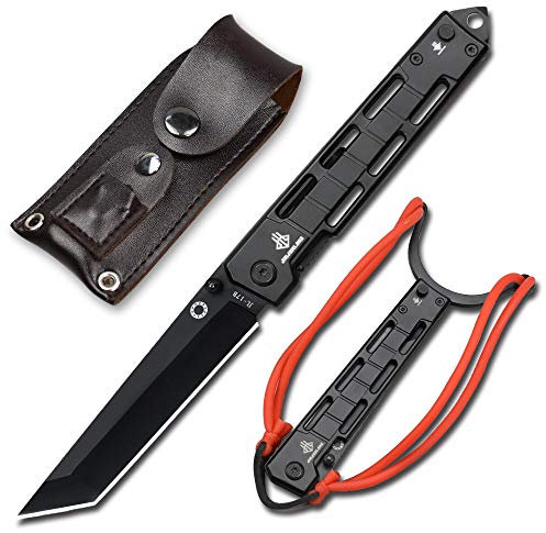 NedFoss DG-BK Tanto Klappmesser, Scharfes Tanto Messer, 9CM Einhandmesser mit Scheide, Slingshot Schleuder mit Gummiband, Zwille Steinschleuder, Taschenmesser für Outdoor, Sammlung & Geschenk