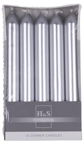 DONAU Home Juego de velas de varilla lacadas lisas/plateadas/10 unidades en caja de cartón, 17 x 2 cm de diámetro, sin perfumar/cilíndricas/velas de mesa para decoración en el salón, cuarto de baño, 6