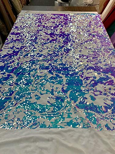Blue-Lilac Iridescent Sequins ON A Ivory 4 Way Stretch Velvet-Sold by The Yard.