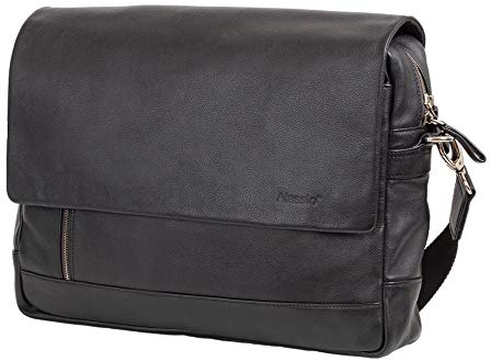 Alassio 47035 - Schultertasche ORO, Laptoptasche für 14 Zoll Notebooks, Umhängetasche aus Echtleder, Tasche mit gepolstertem Laptopfach und Reißverschluss Hauptfach in schwarz, ca. 28 x 38 x 9,5 cm