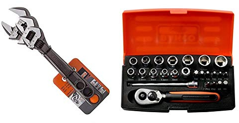 Bahco BHADJUST 3 ADJ3 Set of 3 Adjustable Wrenches (8070/8071 / 8072), Grey, 16 Degree Head Angle & SL25 Socket Set 25 Piece 1/4 Inch Drive
