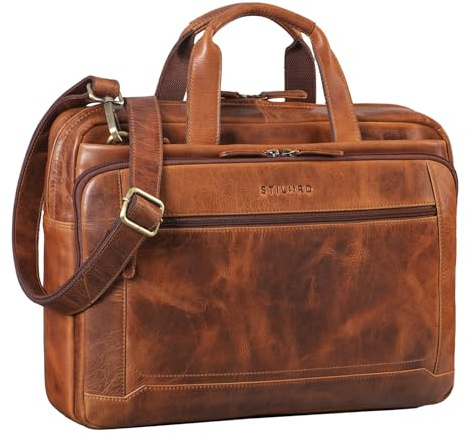 STILORD Antoine Leder Arbeitstasche Groß Businesstasche Aktentasche Lehrertasche Umhängetasche für DIN A4 Laptopasche Trolley Aufsteckbar Echtes Leder Farbe:Kara - Cognac