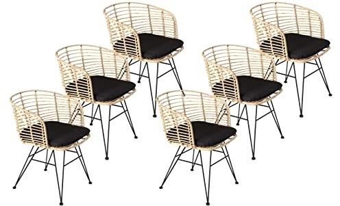 SAM 6er Set Rattanstuhl Nairobi, Farbe Natur, inklusive Sitzkissen | Korbstuhl mit Metallfüßen, Geflechtstuhl/Eisenstuhl im Retro-Design, Esszimmerstuhl mit Armlehnen
