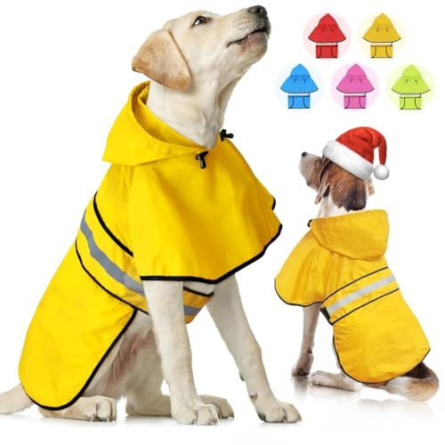 Weesiber Hunderegenmantel, Reflektierender Hund Regenmantel mit Leinenloch, wasserdichte Regenjacke Hunde Verstellbarer Hundeponcho Mit Kapuze (M, Gelb)