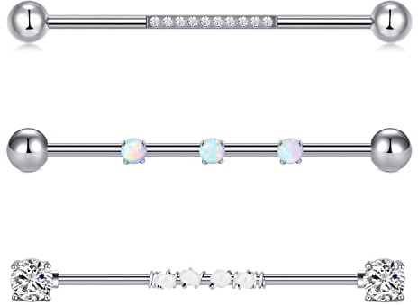 JFORYOU Industrial Piercings Stab Barbell 14 Gauge 38mm Chirurgenstahl Synthetisch Opal Strass Ohr Piercing Schmuck