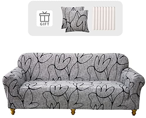 Lydevo Sofabezug 2 Sitzer Stretch Sofahusse Elastischer Sofabezug Spandex Sofa Überzug mit 2 Kissenbezug Anti-Rutsch Waschbar Sofa Protection Cover Schonbezug Couch,Graue Blume