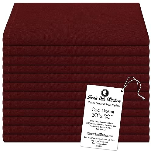 Aunti Em's Kitchen Wine Cotton Napkins Cloth 20 x 20 Oversized 100% Natural Bulk Linens for Dinner, Events, Weddings, Set of 12