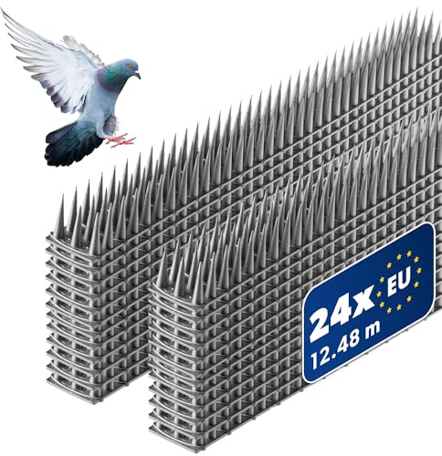 KADAX 24er Set Vogelabwehr Spikes, Kunststoff, 51x4x3,5 cm, 3-reihig, für Tauben, Katzen, Marder, Zaun, Balkon, Dach, Fensterbank, robust und wetterbeständig, frei zuschneidbar, Silber