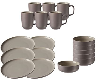 Ritzenhoff & Breker Jasper Service de petit-déjeuner pour 6 personnes, taupe, tasse à café 285 ml, bol à céréales Ø 14 cm, assiette à petit-déjeuner Ø 19 cm, set de vaisselle avec toucher doux au