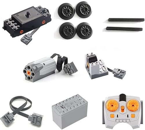 Potenzfunktionen Zug Motor Set inklusive IR Empfänger, Infrarot-Fernsteuerung, Batteriebox, Zugmotor mit Achsen und 4 Rädern, M-Motor, Verlängerungskabel, Technik Motoren Set für Großen Marken Zug