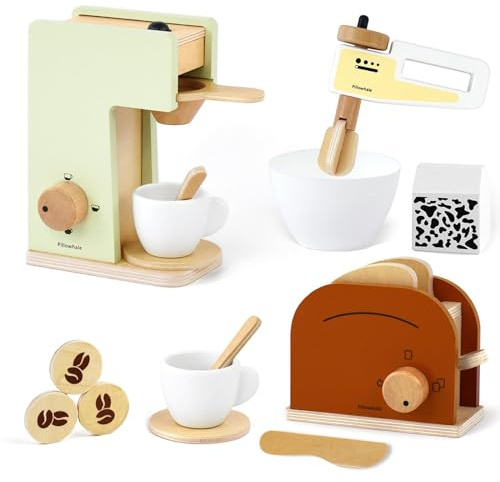 Pillowhale 3-in-1 Wooden Coffee Maker, Toaster & Blender Play Set for Toddlers - Montessori Pretend Play Kitchen Toys with Accessories - Gift for Kids Age 3+ Girls Boys
