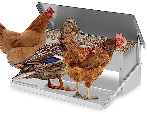 Randaco 2* Futterautomat Hühner Hühnerfutterautomat aus Verzinkter Stahl 5KG Futterspender Futtertrog mit Automatisches Pedal und Wasserfest Decke Hühnerfutter