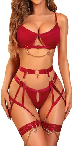 RSLOVE Lingerie Sexy pour Femme Ensemble de Soutien-Gorge et Culotte avec Porte-Jarretelles et Menottes Cuisse Rouge XXL