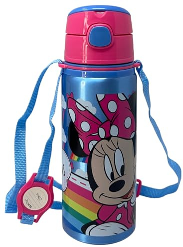 CARTOON Borraccia in alluminio con cannuccia Minnie Disney 600 ml bottiglia con apertura automatica per bambini