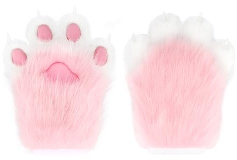 hbbhml Katthandskar i plysch, med fuskpäls, katthandskar med klor, pälsdräkt, djurtassar, räv, halloween, cosplaydräkt, kostymtillbehör för vuxna, ROSA, eine Größe.