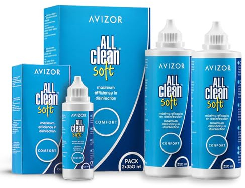 Avizor All Clean Soft - Pack 2x350ml + Flasche 100ml ideal für unterwegs, Lösung zur Reinigung und Desinfektion von Kontaktlinsen, Reiseset, Hydratation und Schutz