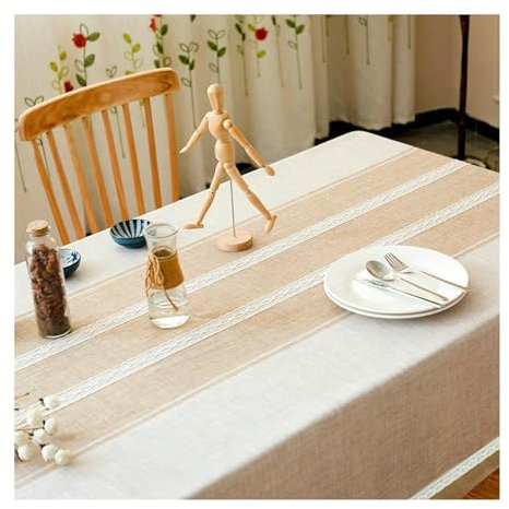 Epinki Tischtuch, Kaffee-Spitze Tischdecken Streifen mit Spitze Polyester, Abwaschbare Tischdecke Biertisch Tischdekoration für Drinnen Draussen Garten Esszimmer Party und Festen, 140x220CM