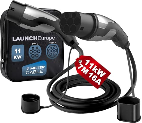 LAUNCH Typ 2 Ladekabel 11 kW 7 m 16 A Ladekabel Elektroauto Typ 2 3 Phasig für E Auto EV/PHEV Typ 2 auf Typ 2,Ladekabel E Auto mit Tragetasche, IP55,Geeignet für T-Mode und E-Golf-Serienfahrzeuge