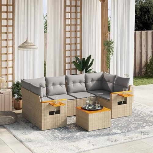 LAPOOH 7-TLG. Garten-Sofagarnitur mit Kissen Beige Poly Rattan, Lounge Gartenmöbel Set, Möbelsets, Balkon Möbel, Gartenlounge, Gartensofa - 3259042