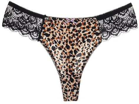 MKLQLS String en Dentelle pour Femme Taille Basse T-Back G-String Respirant avec Nœud Papillon Culotte Léopard Slip Confortable Culotte Sexy sous-Vêtements Doux Marron M
