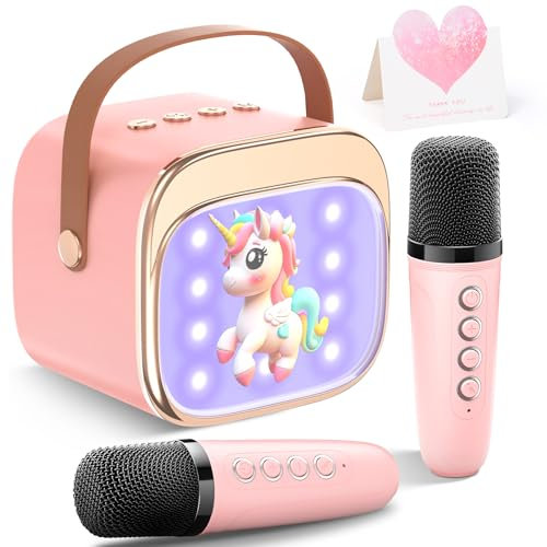 LUVTOY Karaoke con 2 Microfono Bambini: [Personalizzazione Esclusiva] - Macchina Musicale con Luce LED - Regalo per Bambine 3-12 Anni - Giocattolo Giochi Bambina 3-12 Anni - Unicorno Pasqua Regalo