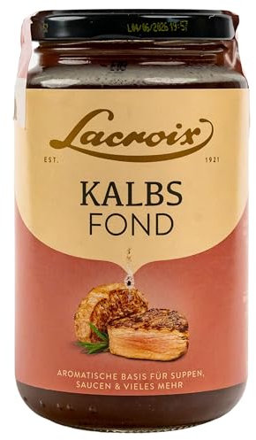 Kalbsfond 400 ml im Glas auf Kalbsbasis als Geschmacksboost für herzhafte Fleischgerichte und feine Saucen - Kalbsfond als Basis für Suppen und Saucen