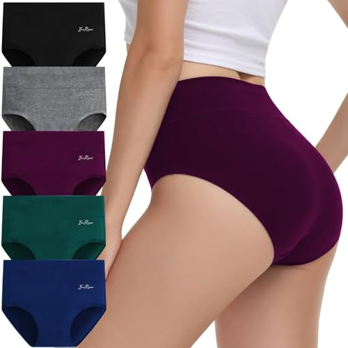 IceReco Bragas Mujer Algodon Talle Alto Braguitas Postparto Cintura Alta Cómodo Pack de 5 Culotte Ropa Interior Bragas Reductoras Braguitas de Control para Mujer Algodón Negro Gris Rojo Azul Verde L