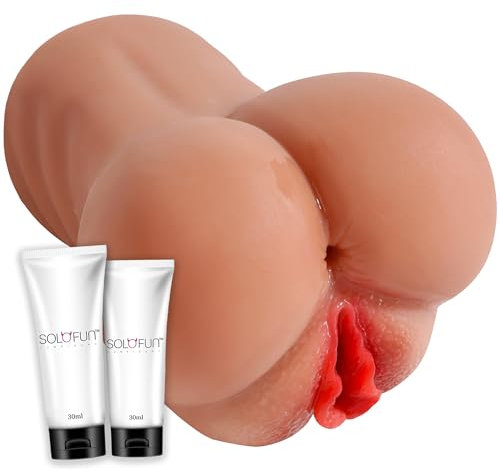 SoloFun 2 in 1 Realistic Male Masturbators with 3D Vagina Lifelike Realistic Textured Pocket Pussy Adult Sex Toys for Men Penis Stimulation Manual Masturbators Cup, Brown - Includes 2X 30ml lubes
