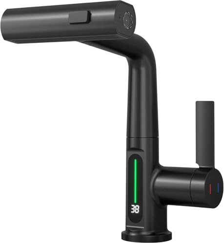 CDZHLTG Wasserhahn Küche Schwarz, Küchenarmatur Ausziehbar,digtale Anzeige, Spültischarmatur mit Brause Drei Wasserstrahlarten, Armatur Küche 360°Schwenkbar, Wasserhahn Wasserfall, Mischbatterie Küche