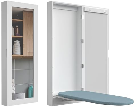 Organizedlife Slim Wall Mounted Ironing Board Cabinet, 180° schwenkbare Metallbasis & Spiegel, Faltbare Bügelbretter für Wäsche, Keine Montage erforderlich, platzsparend