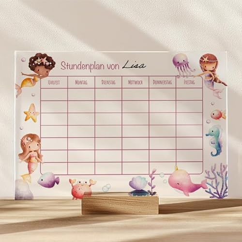 MeinBaby123® Stundenplan aus Acryl abwischbar inkl. Holzhalterung | Einschulung | Schulanfang Geschenk | Wochenplan | Mädchen | Stundenplan Meerjungfrauen