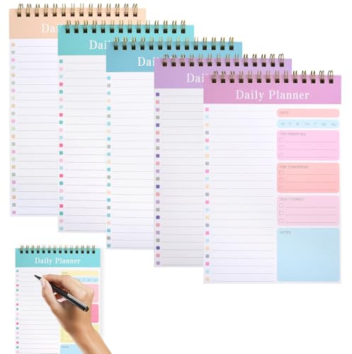 Tagesplaner Undatiert, 5 Stück Wochenplaner To Do Planer, A5 To Do Block mit Gelochten Seiten, Notizbuch mit To Do Liste Terminplaner Spiralblock mit PVC Transparent Cover für Büro Schule