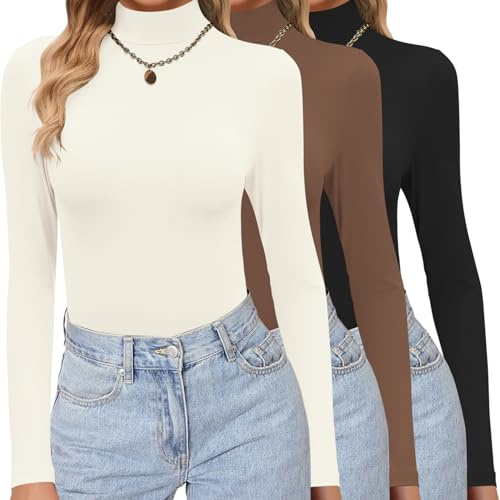 Ekouaer Womens 3 Pack Long Sleeve Tops Turtleneck Thermal Shirts S-XXL | fitted silhouette with a body-skimming shape, straight hem sit neatly at the hip, casual wear or layer, s-2xl