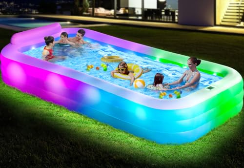 Piscina inflable grande con luces, 145 x 74 x 22 pulgadas, piscina inflable gruesa con asientos y respaldo para adultos, piscina grande de 7 colores para fiestas acuáticas familiares, patio trasero