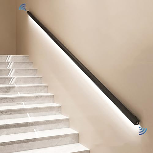 CHBCJJYP Corrimano per Scale a LED con Sensore di Movimento, Ringhiera per Scale a Tubo Quadrato, Corrimano a Parete per Scale Interne, Nero Opaco(200cm)