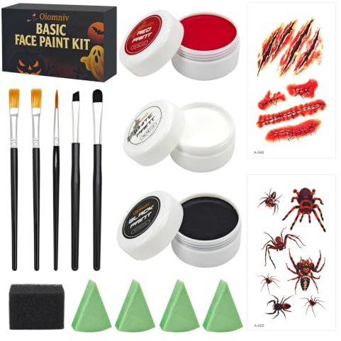 Oiomniv Black White Red Face Body Paint Water Based Face Painting Kit | with 5 Brushes 4 Sponge 2 Stickers, SFX Makeup for Adults Teens Halloween Cosplay Zombie Clown Skeleton Vampire