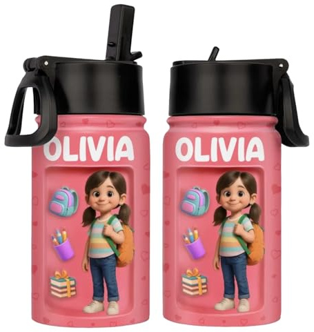 VEELU Gourde Personnalisable Enfant - Gourde avec Paille Nom Photo Personnalisé - 12/16/32oz Mug Isotherme Personnalisable - Ideale Ecole Creche Cadeau Personnalisé Enfant
