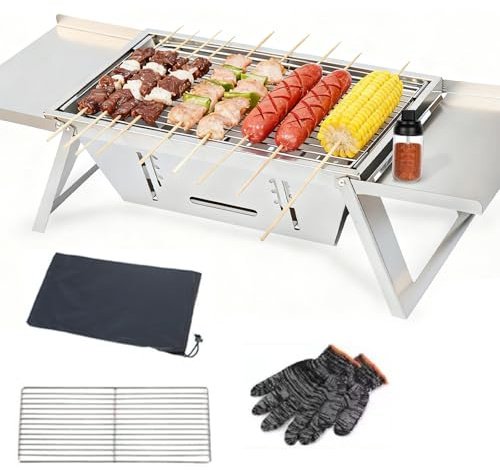 Portable Foldable BBQ Grill, 201 Stainless Steel Outdoor Camping Charcoal Barbecue Grill, Small Foldable Tabletop Smoker for Garden Beach Lawn Picnic Travel