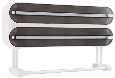 3in1 Wandrollenhalter Küche, Frischhaltefolienspender mit Küchenrollenhalterung, Küchenrollenhalter mit Folienschneider, Aluminiumfolien-Spender für Küche, Restaurant (Transluzentes Schwarz+ Weiß)