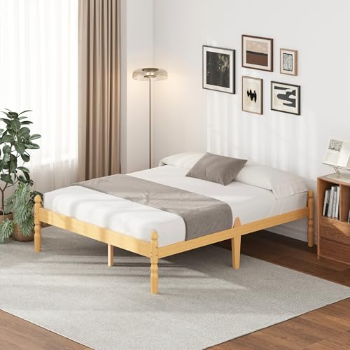 Hunlostten Solid Wood Double Bed Frame Eco-Friendly Bamboo Wooden Bed Platform, Slatted Base, Nordic Style for Bedroom/Guesthouse/Apartment, Easy Assembly, Sturdy, 35.5 cm High with Underbed Storage