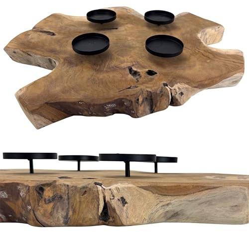 Adventskranz aus rustikalem Teakholz mit schwarzen Kerzenhaltern aus Metall für Stumpenkerzen - modern und natürlich für Ihre Weihnachtsdekoration