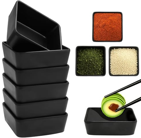 VIQIHEOE Keramik Sojasosenschale, 6 Stück Keramik Dipschalen, 8,2 x 8,2 x 3 cm Tauchschüsseln Set, Mehrzweck Porzellan Saucen Schale, Quadratische Sojasauce Schälchen, Mini Snackschale(Schwarz)