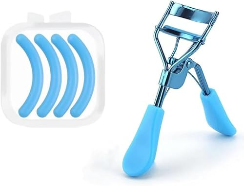 Bigodino per ciglia da donna, blu, con 4 cuscinetti di ricambio di ricambio, piegaciglia di alta qualità, strumento per arricciare e sollevare le ciglia