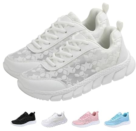 Kvinnors lyxiga ortopediska sneakers UK mjuk båge stöd halkfri bekväm ortopedisk promenadsko ihåligt spetstryck andningsbart nät bågstöd sport bekväma skor, Vitt, 40 EU Bred