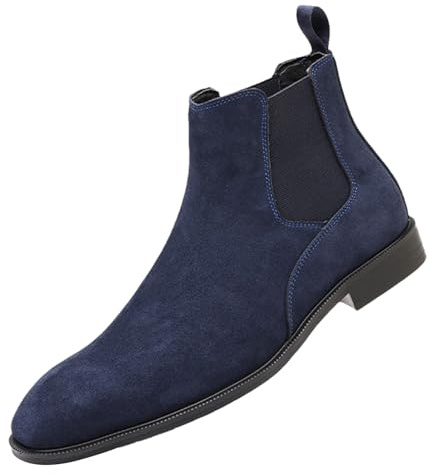 ANUFER Hombres Vacuno Cuero de Ante Botas Chelsea Punta Cuadrado Slip On Vestido Botines de Tobillo Azul Marino SN0711231 EU41
